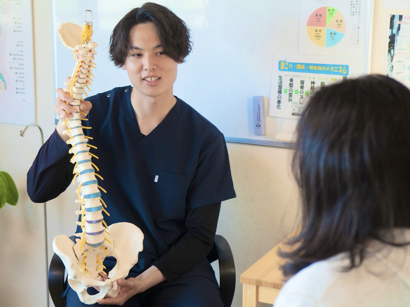 背骨の模型を手に、お客様に身体の仕組みを説明している様子